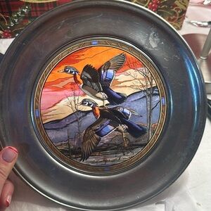 Vintage pewter glass ducks sun catcher plates by histo society